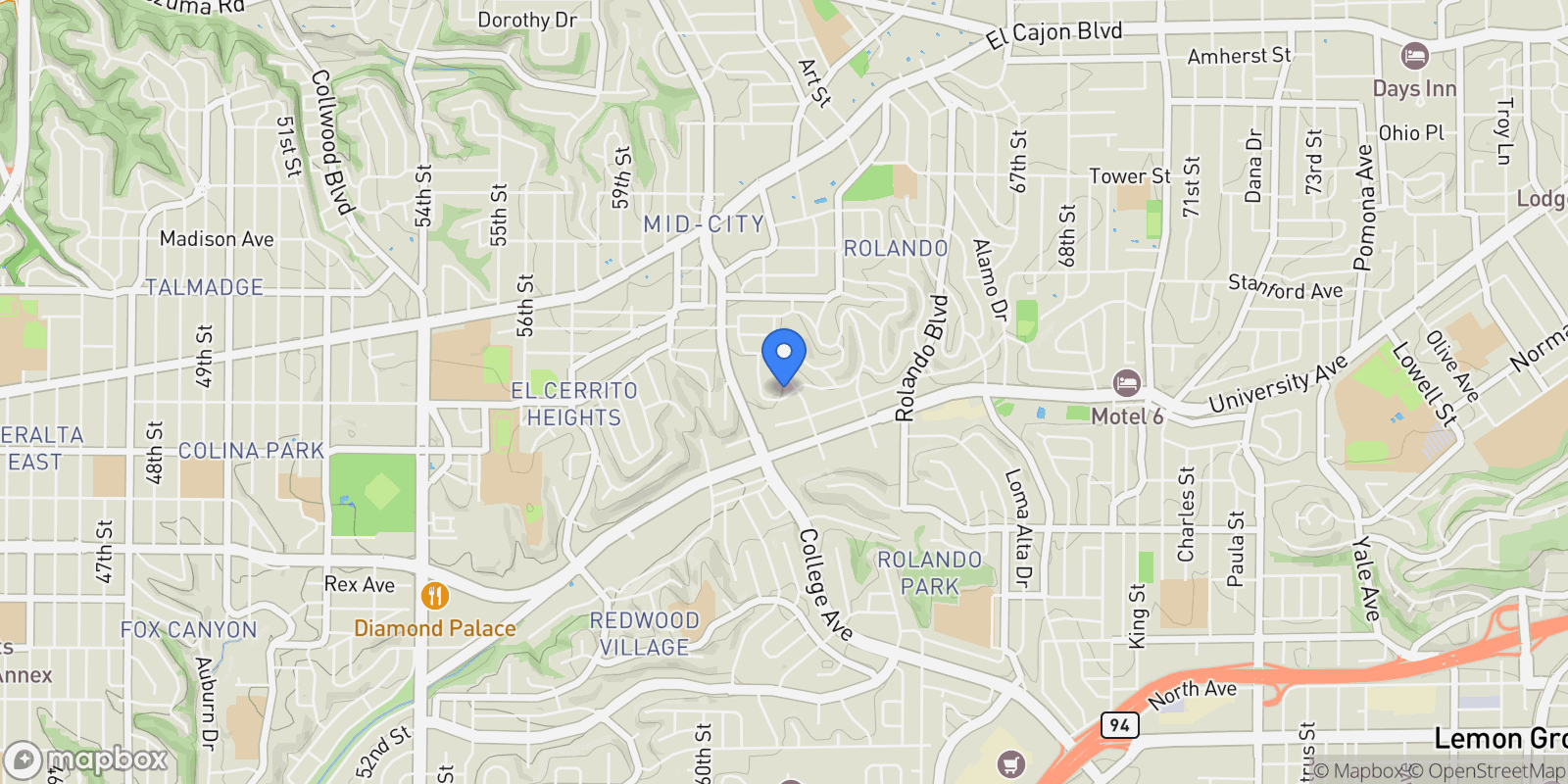 Map showing 6158 Tarragona Drive, San Diego, California, United States.