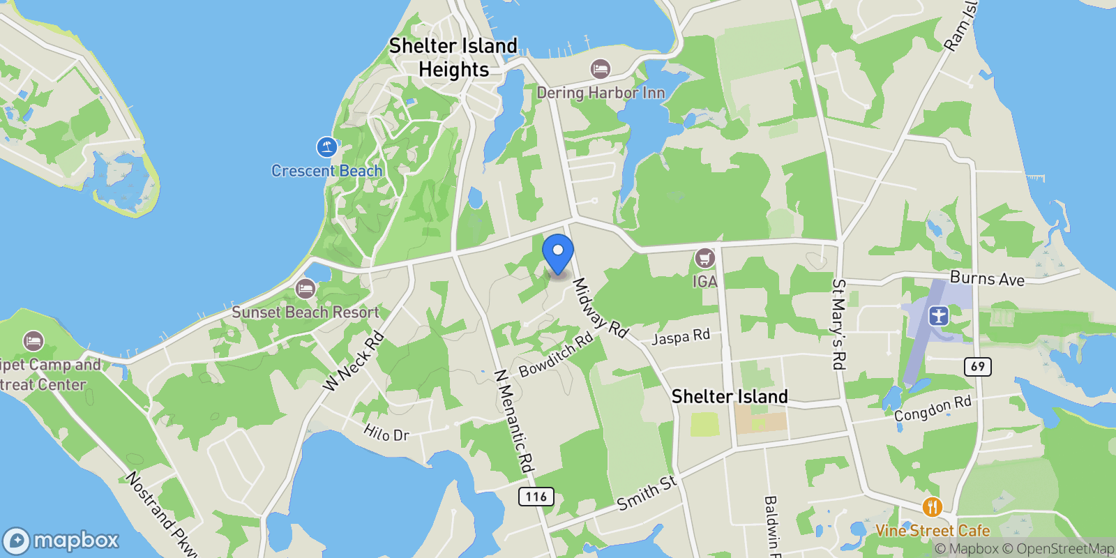 Map showing 73 N Midway Road , Shelter Island, NY 11964, Shelter Island Heights, New York, United States.
