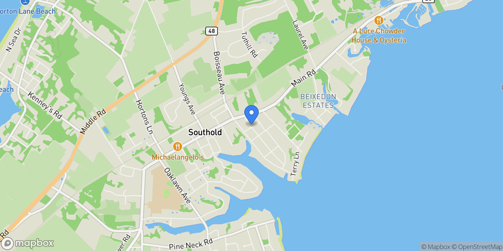 Map showing 385 Cottage Place, Southold, NY 11971, Southold, New York, United States.