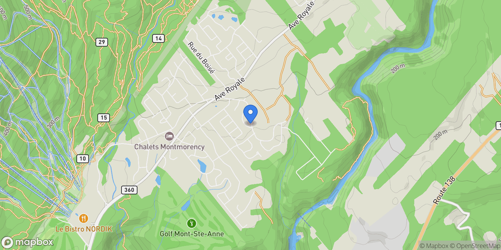 Map showing 74 Rue De Coubertin, Saint-Ferréol-les-Neiges, Quebec, Canada.