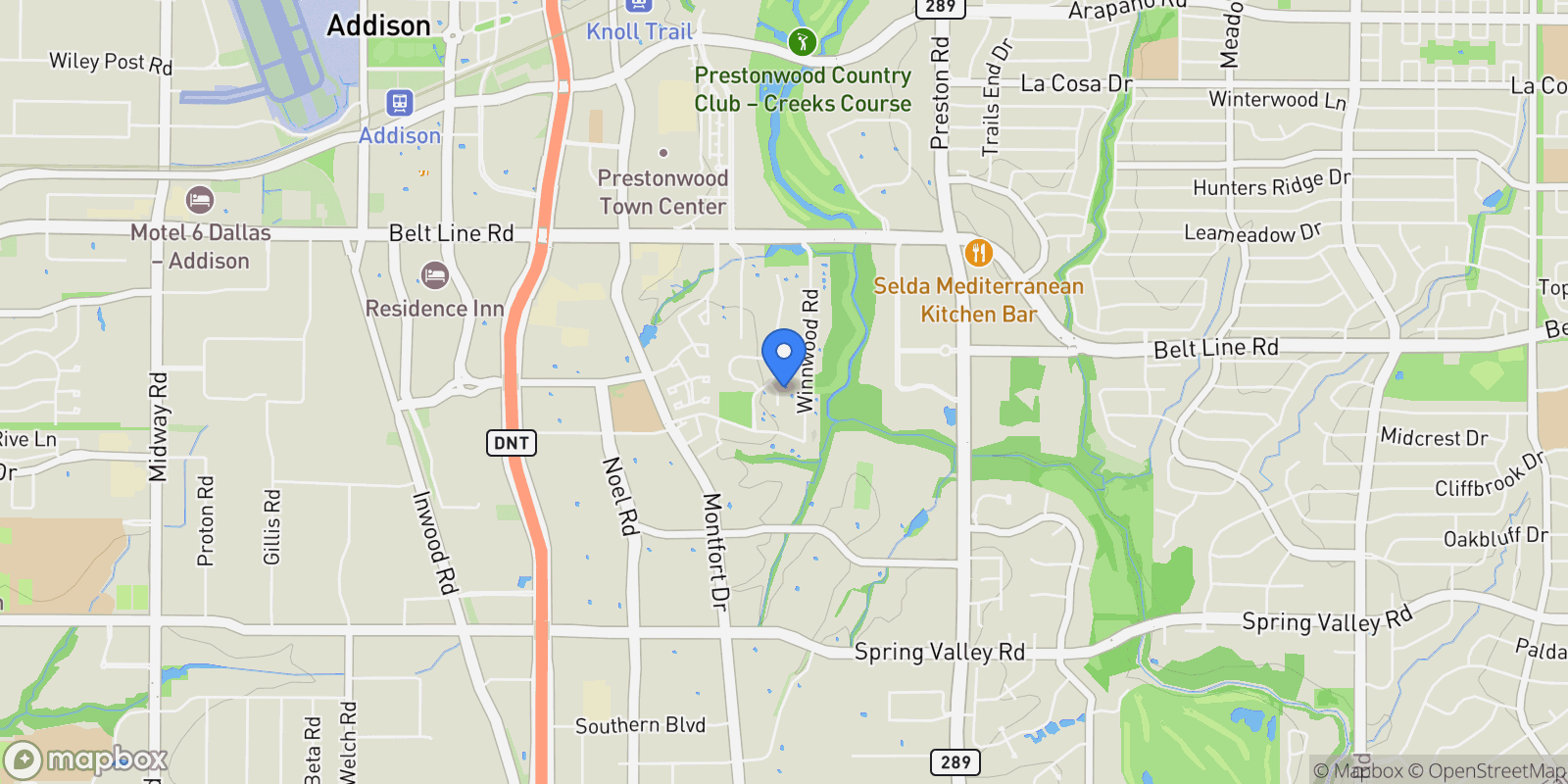 Map showing 14809 Hampton Court, Addison, Texas, United States.