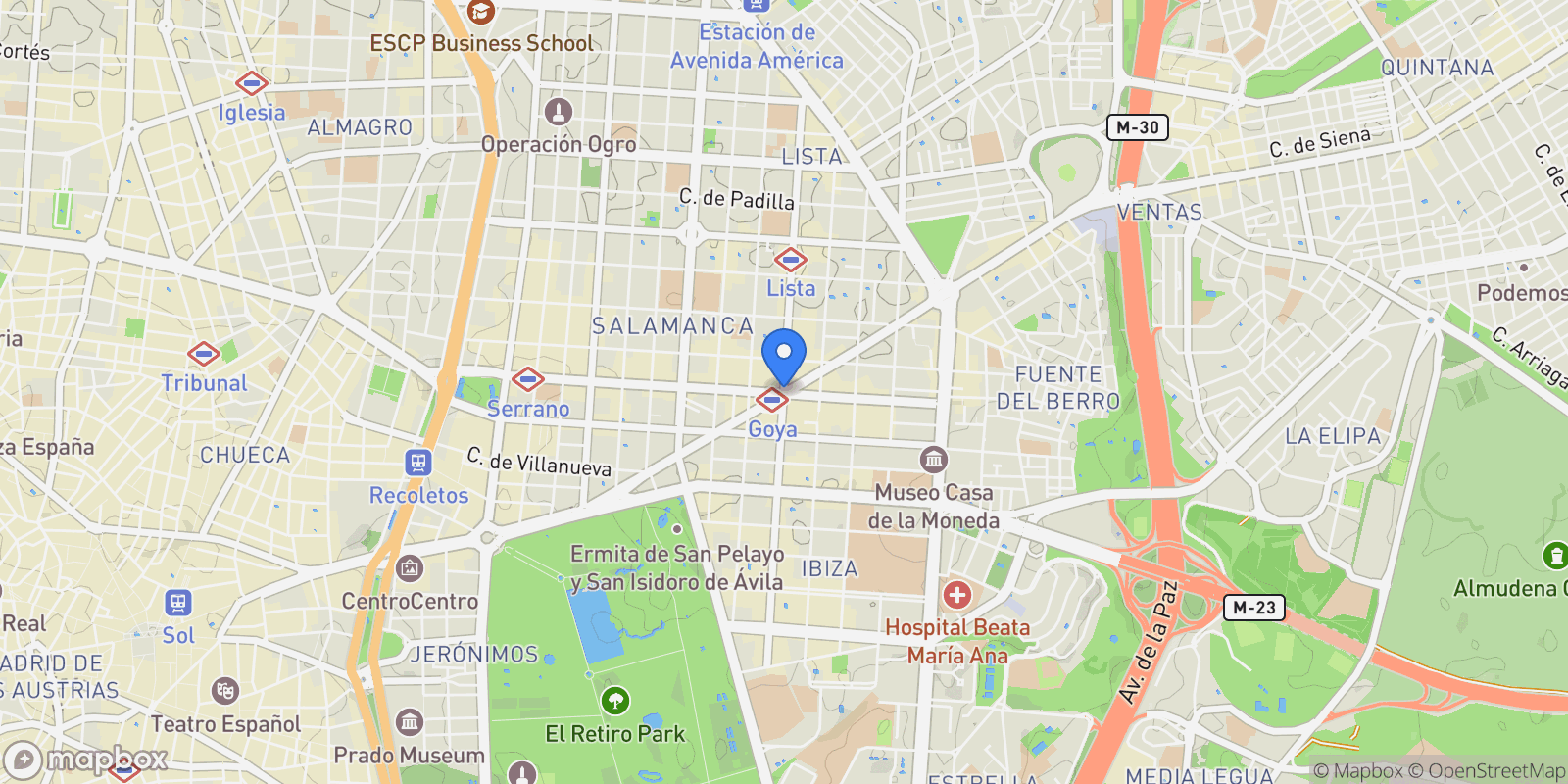 Map showing Goya, Madrid, 28001, Barrio Salamanca, Madrid, Spain.