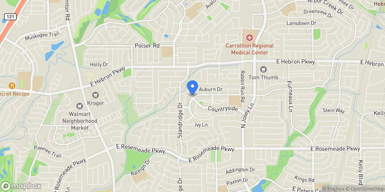 Map showing 1709 E Branch Hollow Drive, Carrollton, Texas, United States.
