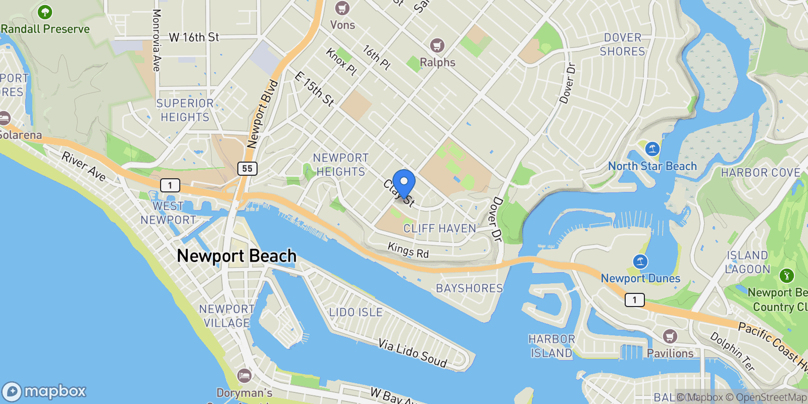 Map showing 1805 Clay Street, Newport Beach, California, United States.
