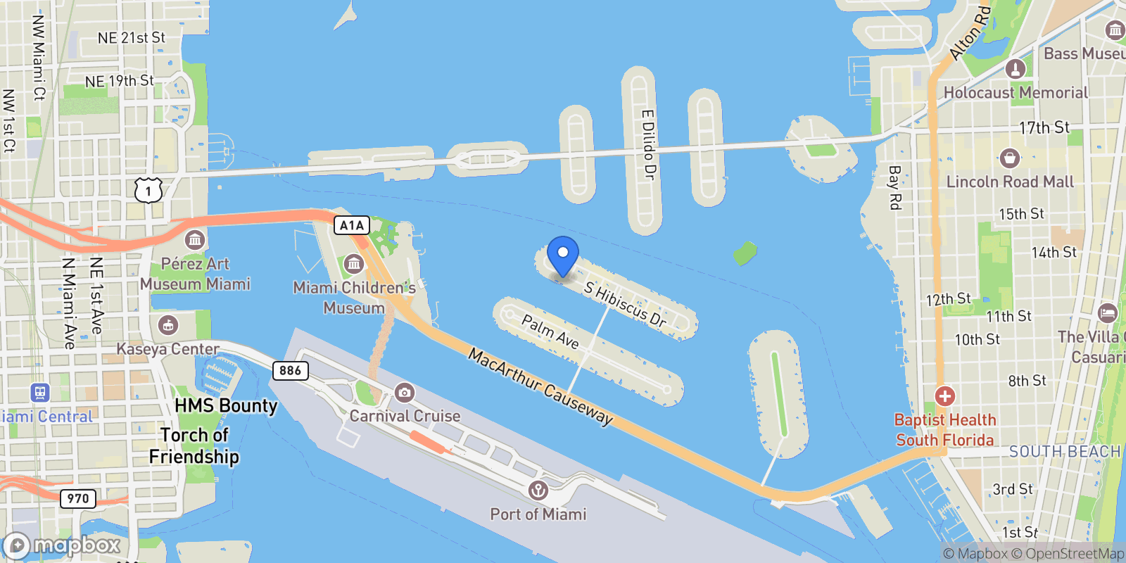 Map showing 360 S Hibiscus Drive, Miami Beach, Florida, United States.