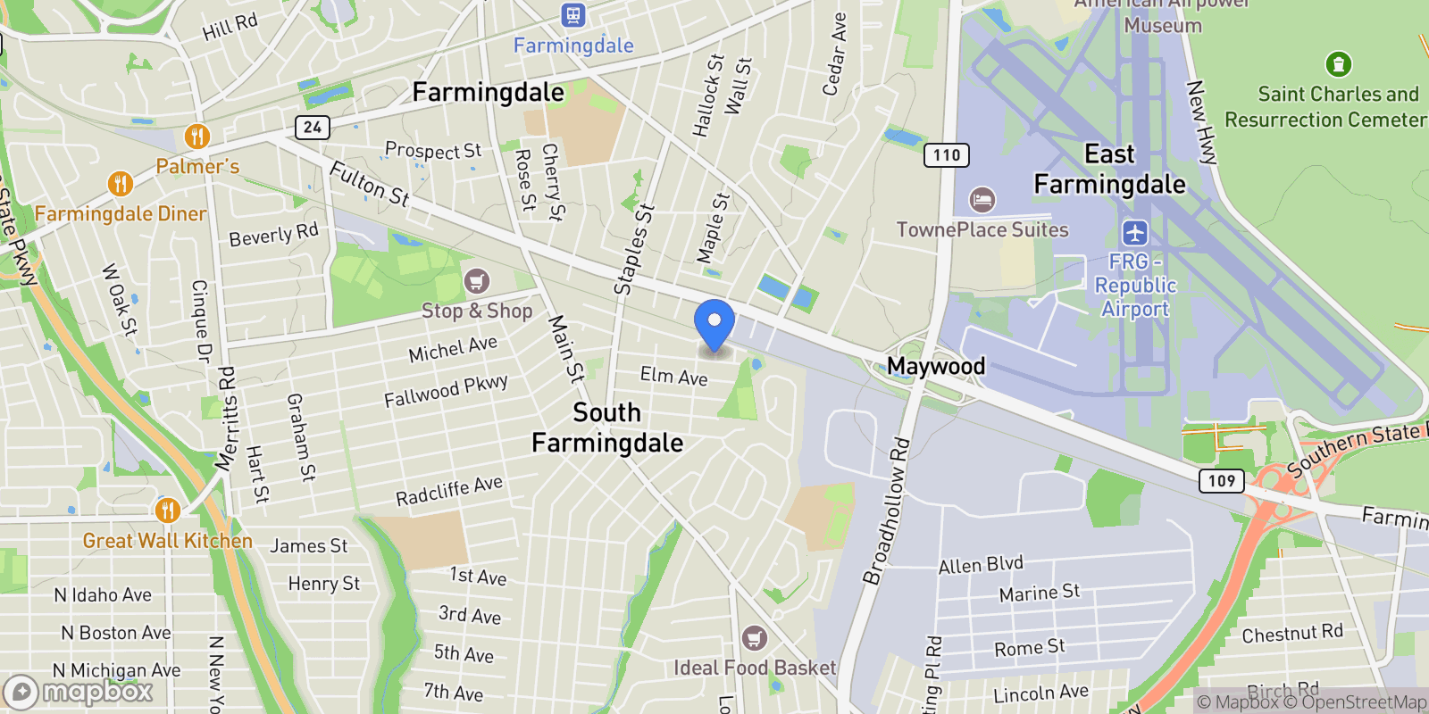 Map showing 92 Hemlock Street , Farmingdale, NY 11735, West Babylon, New York, United States.