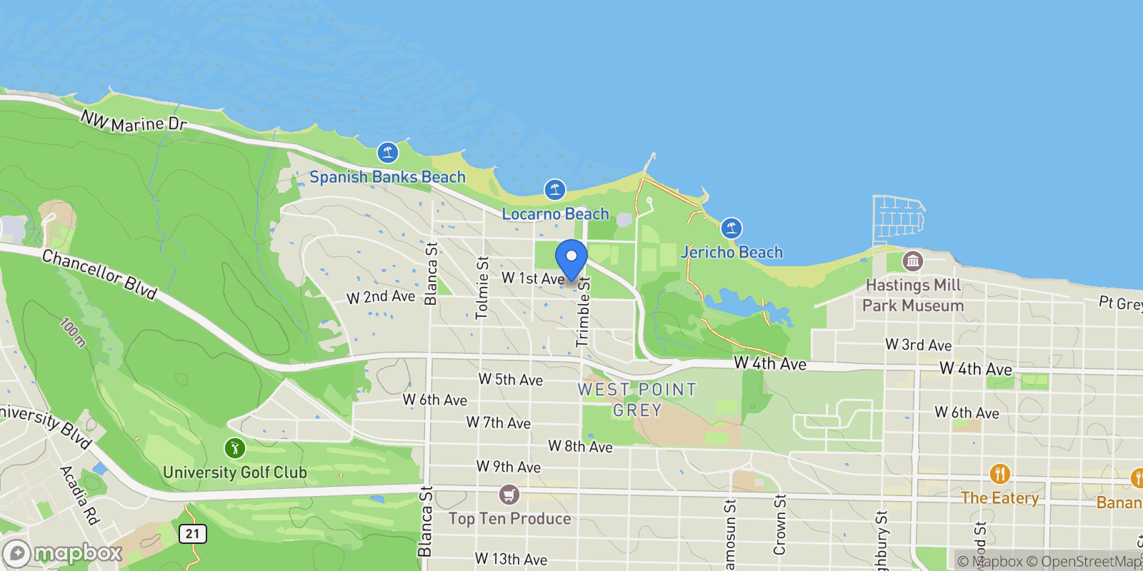 Map showing 4416 W 1st Ave, Vancouver, BC V6R 4J4, Canada, Vancouver, British Columbia, Canada.