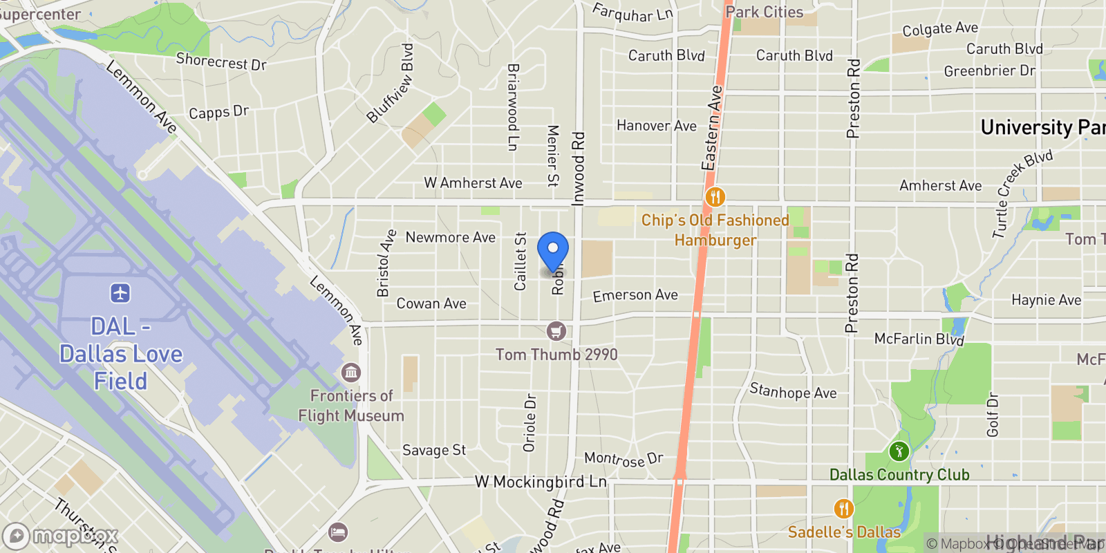 Map showing 7503 Robin Road, Dallas, Texas, United States.