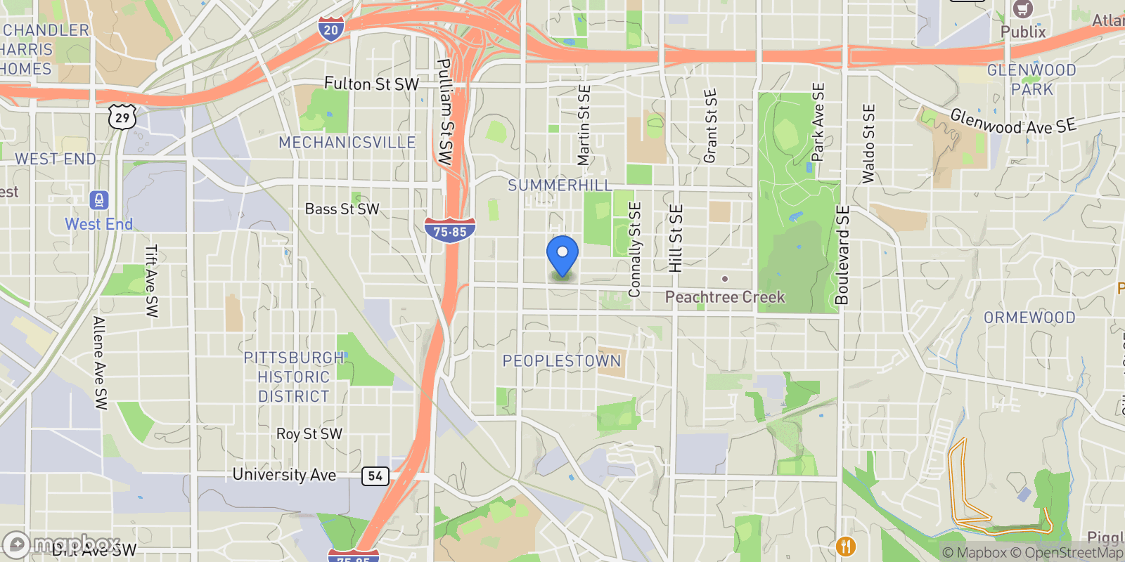 Map showing 78 Ormond Street SE, Atlanta, Georgia, United States.