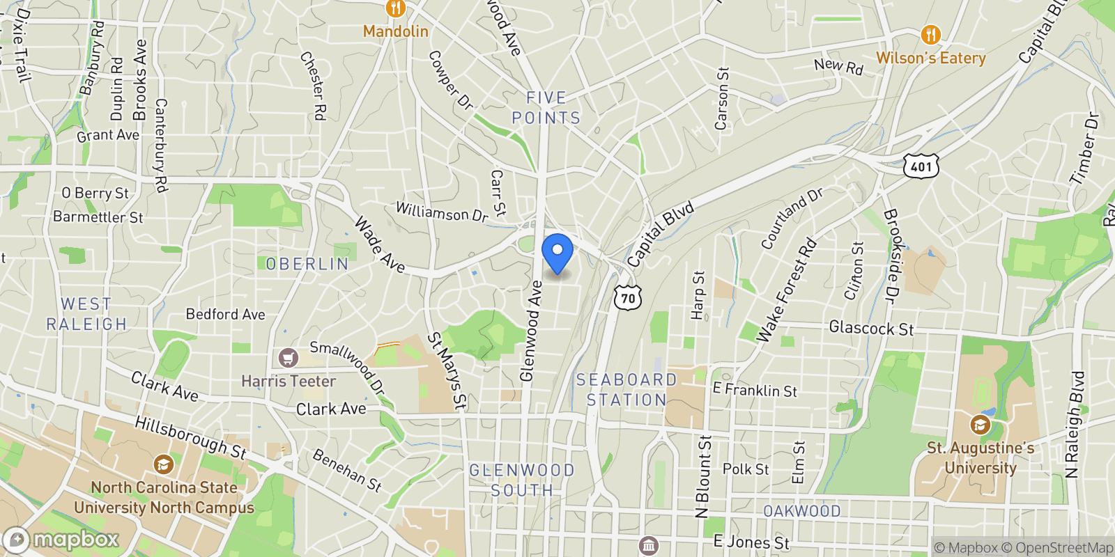 Map showing 1303 Filmore Street, Raleigh, NC 27605, Raleigh, North Carolina, United States.