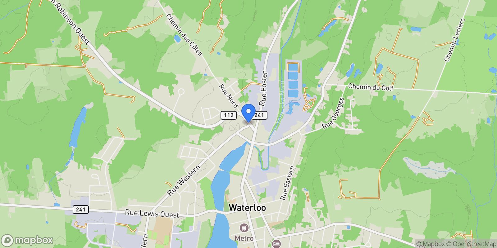 Map showing 24 Rue du Parcours, Waterloo, Quebec, Canada.