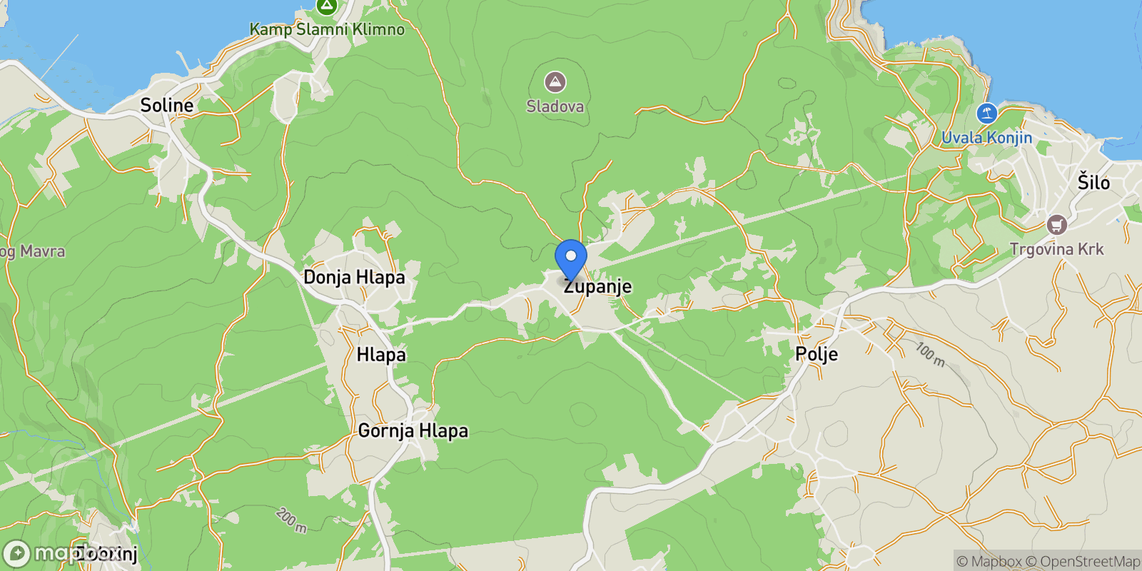 Map showing Županje, Croatia, Zupanje, Primorje-Gorski Kotar County, Croatia.