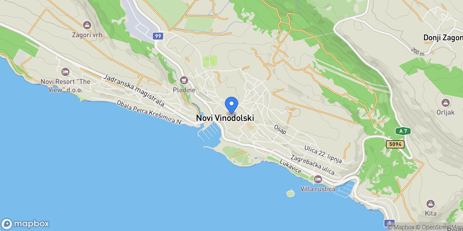 Map showing Novi Vinodolski, Croatia, Novi Vinodolski, Primorje-Gorski Kotar County, Croatia.