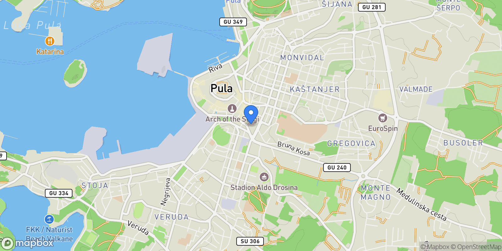 Map showing Pula, Croatia, Grad Pula, Istria County, Croatia.