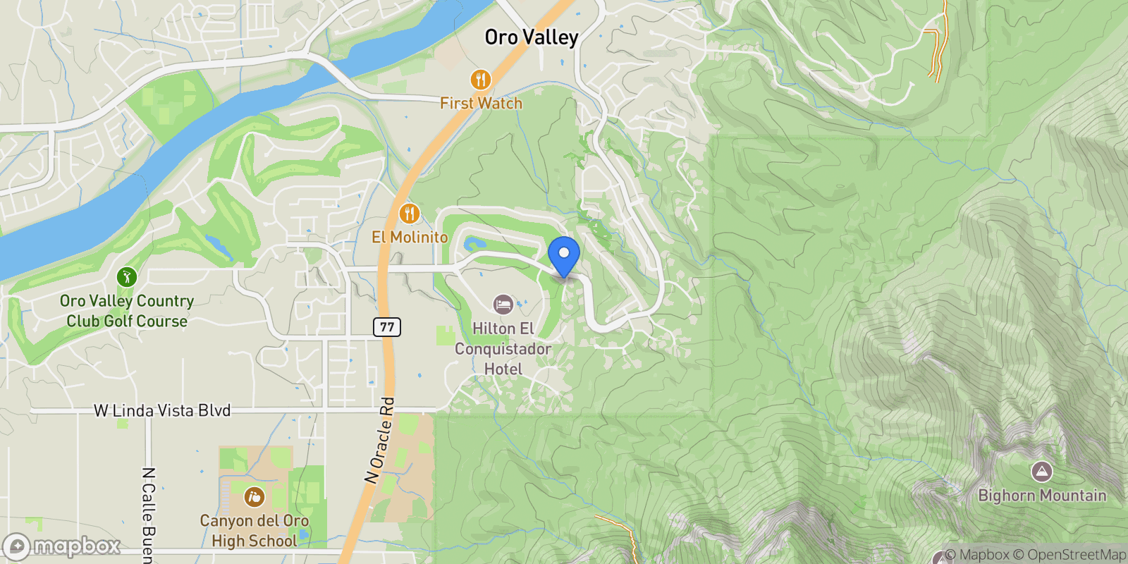 Map showing 1250 E El Conquistador Way, Tucson, AZ, 85704, USA, Oro Valley, Arizona, United States.