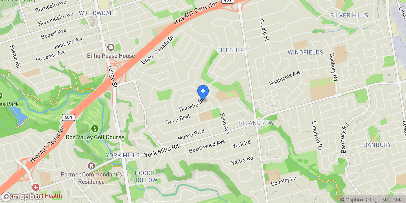 Map showing 47 Danville Drive, Toronto, Ontario, Canada.