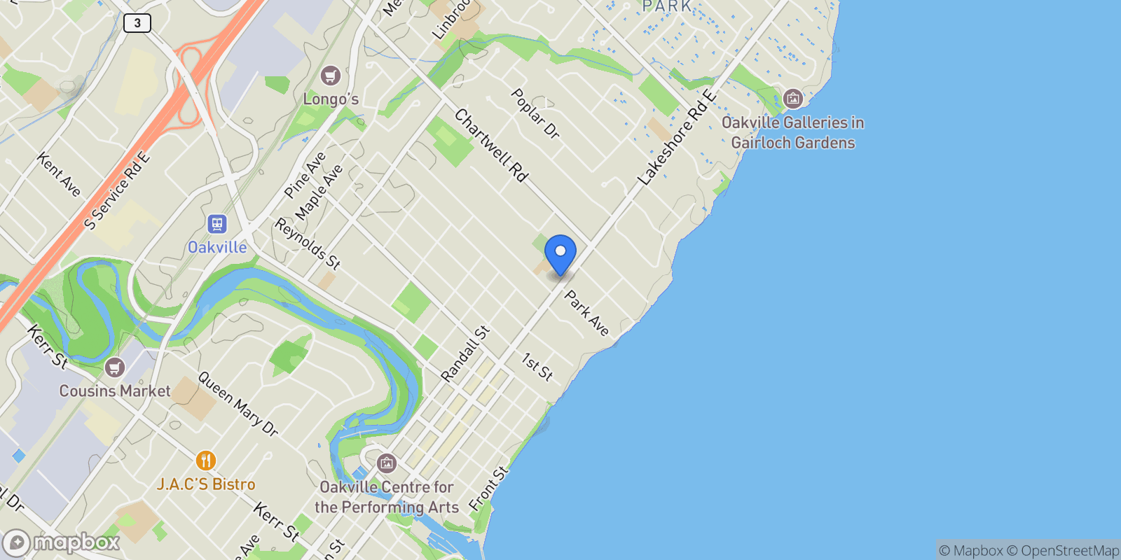 Map showing 489 Lakeshore Road E, Oakville, Ontario, Canada.