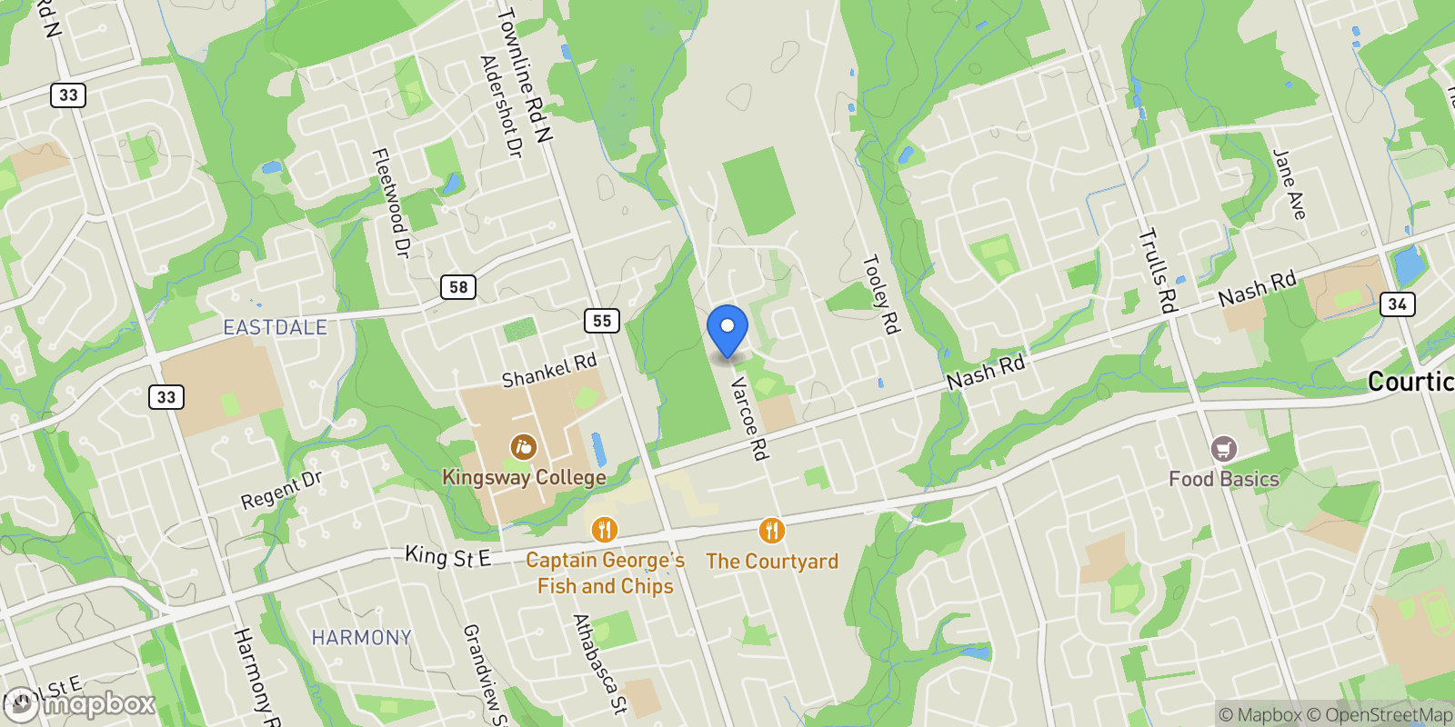 Map showing 66 Varcoe Road, Courtice, Ontario, Canada.