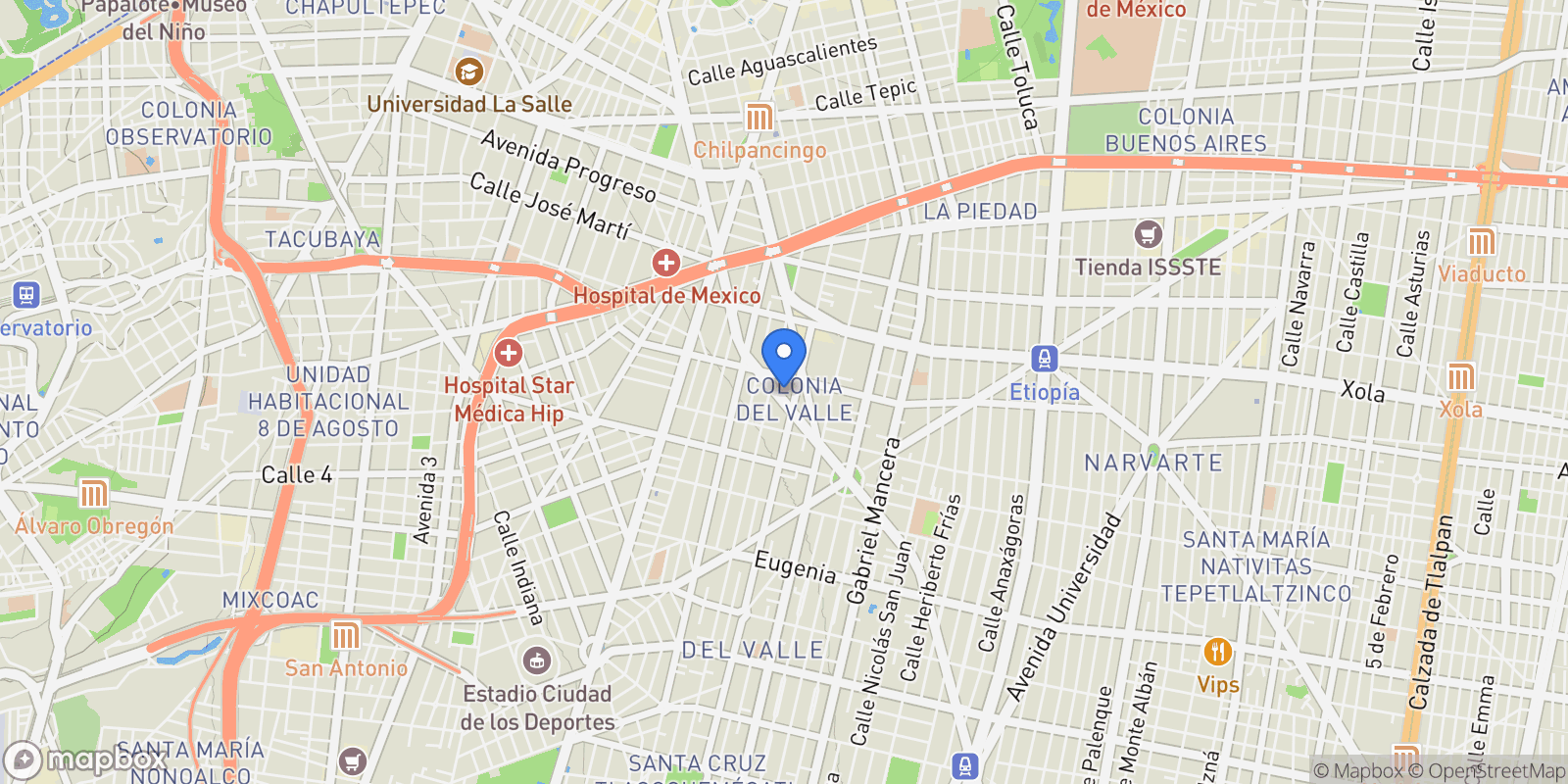 Map showing 001 División del Norte, Benito Juarez, Ciudad de México 03103, Mexico City, Mexico City, Mexico.
