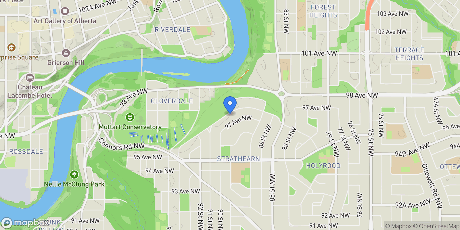 Map showing 8915 STRATHEARN DRIVE NW, Edmonton, Alberta, Canada.