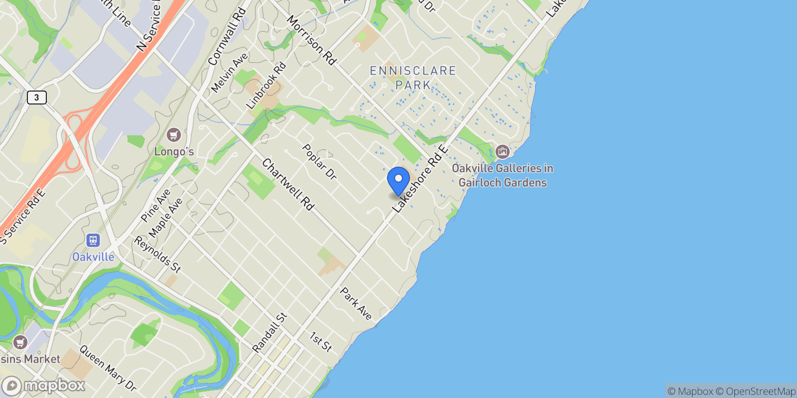 Map showing 1123 Lakeshore Road E, Oakville, ON L6J 1K9, Oakville, Ontario, Canada.