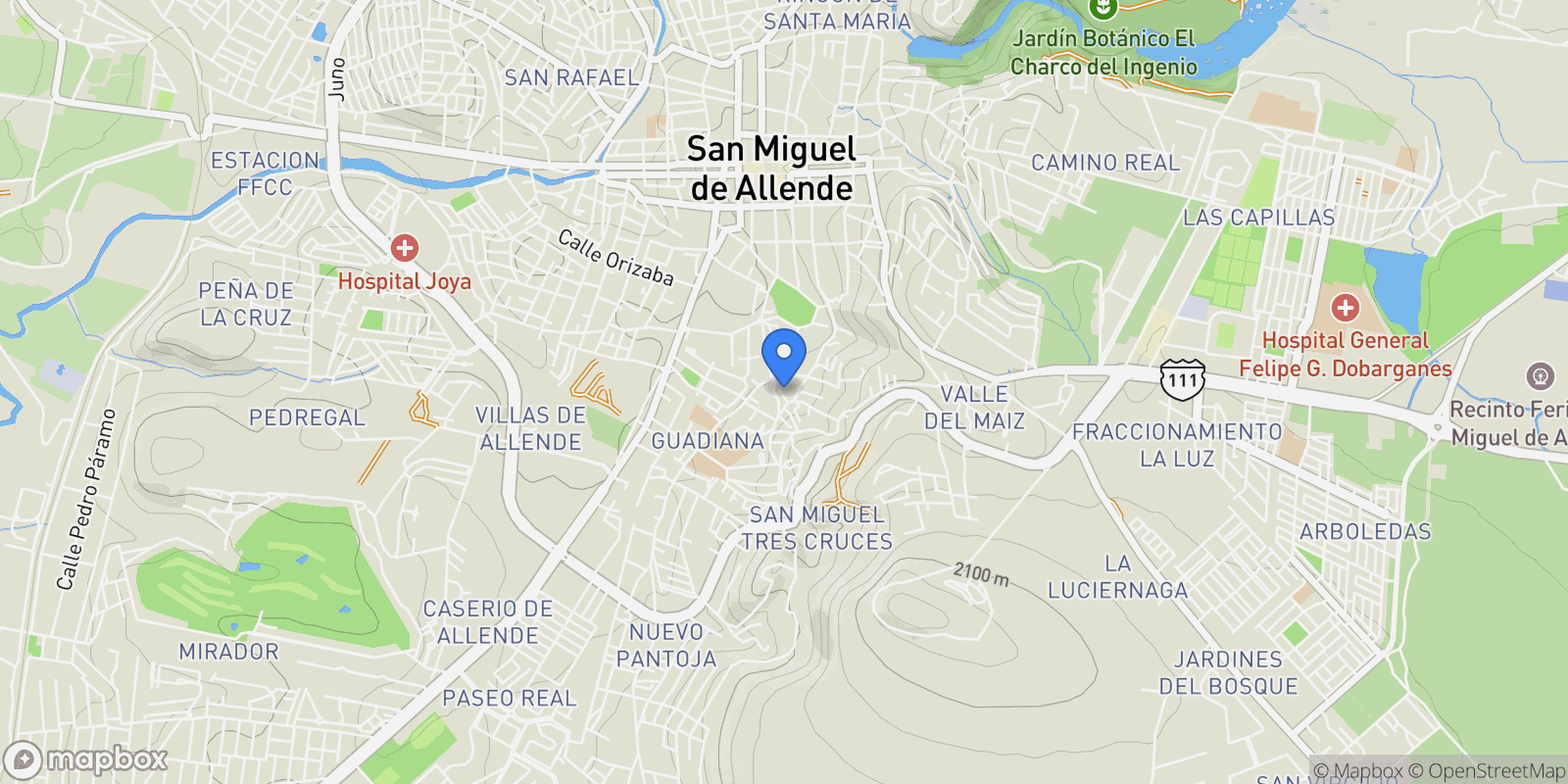 Map showing 20 W Prolongación De Aldama St., San Miguel de Allende, MEXICO, San Miguel de Allende, Guanajuato, Mexico.