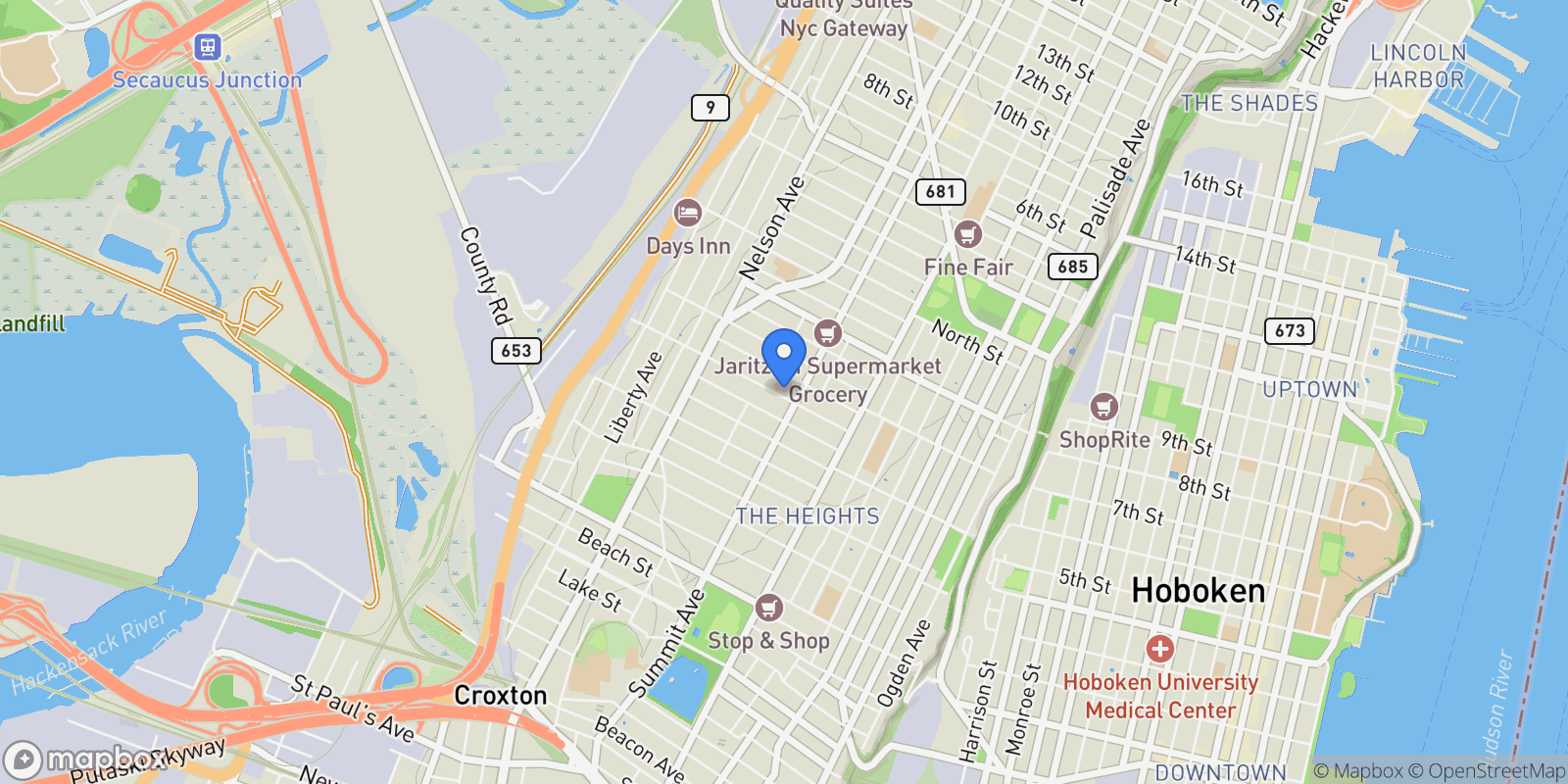 Map showing 68 Thorne St Unit 1, Jersey City, NJ 07307, Jersey City, New Jersey, United States.