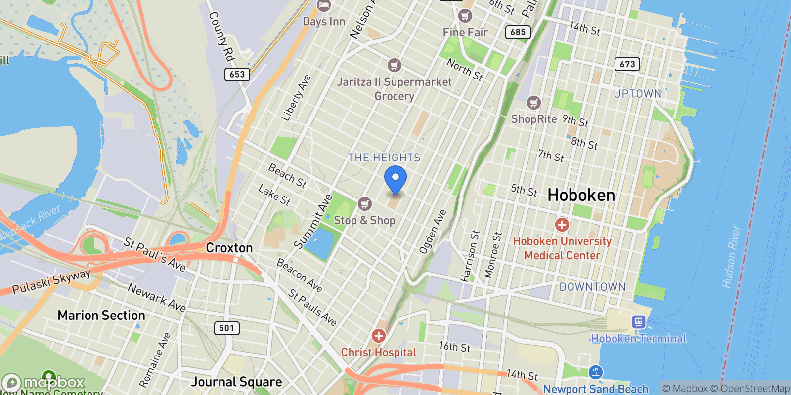 Map showing 32 Hancock Ave Unit 2, Jersey City, NJ 07307, Jersey City, New Jersey, United States.