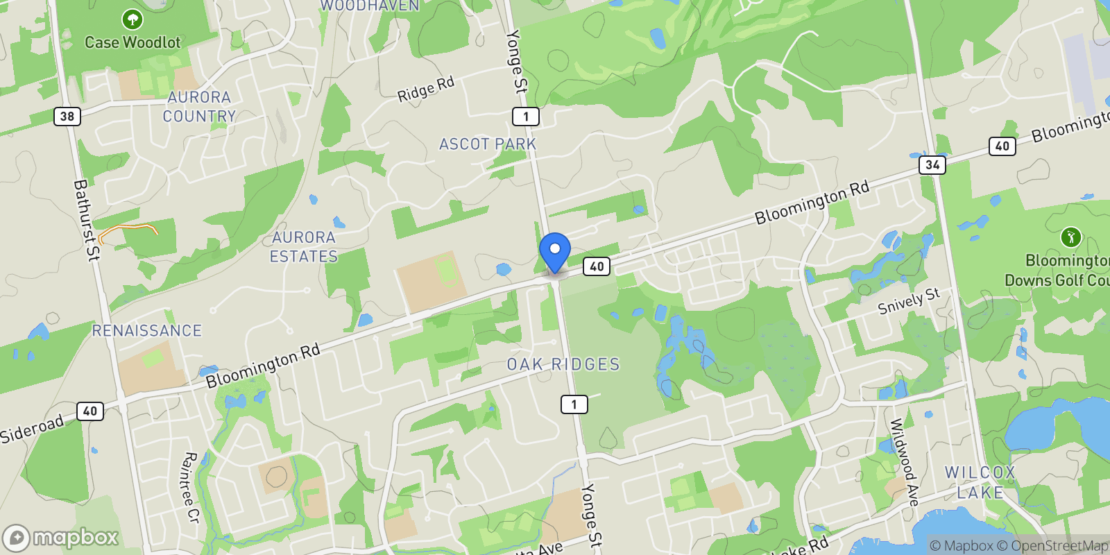Map showing Bloomington and Yonge, Aurora, Ontario, Canada.