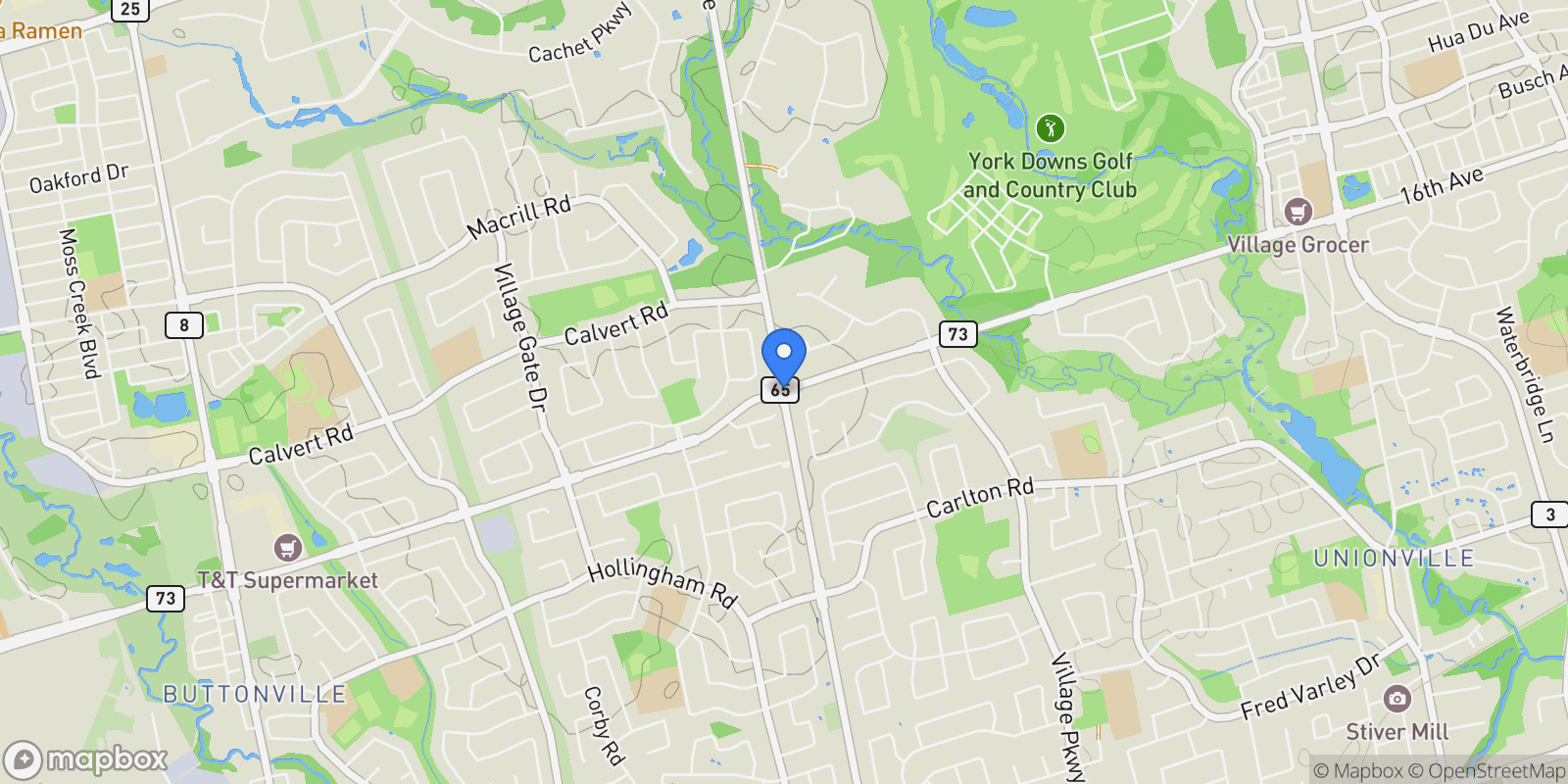 Map showing 16th Ave and Warden Ave, Markham, Ontario, Canada.