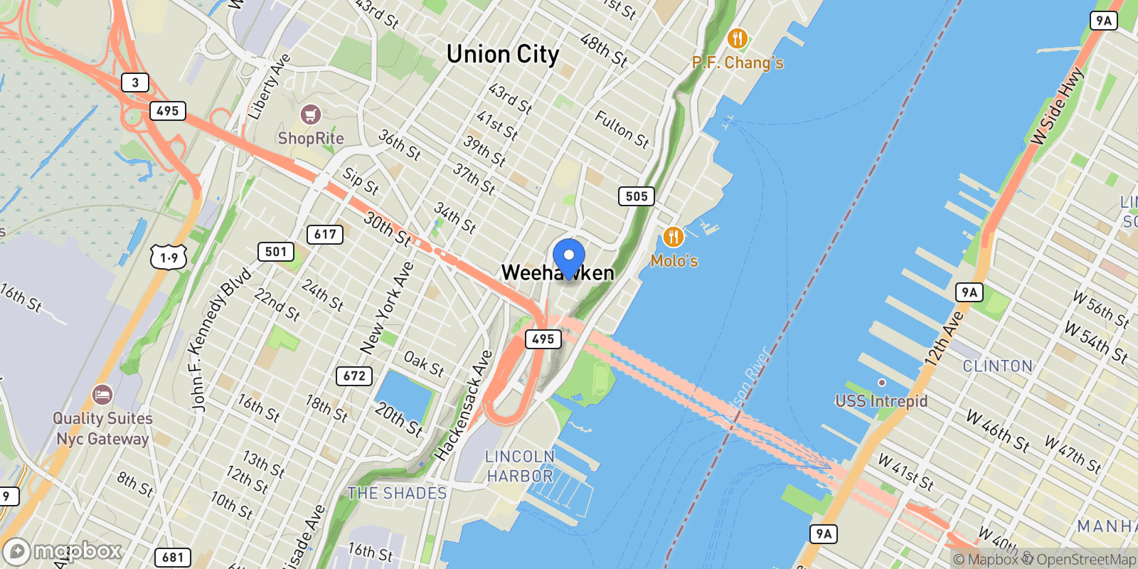 Map showing 56-58 Bonn Pl, Weehawken, NJ 07086, Weehawken, New Jersey, United States.