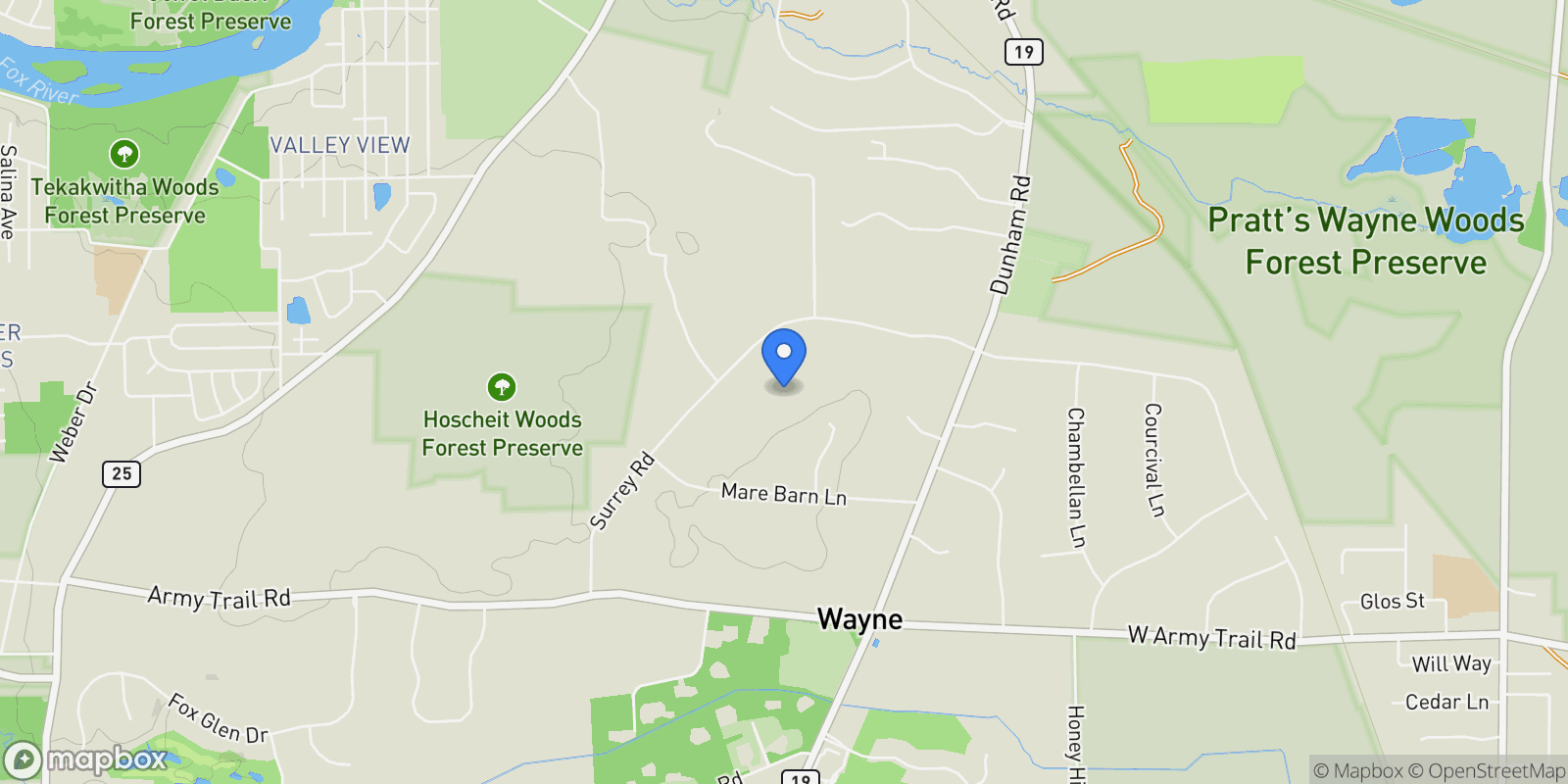 Map showing 6N161 Surrey Road, Wayne, IL 60184, Wayne, Illinois, United States.