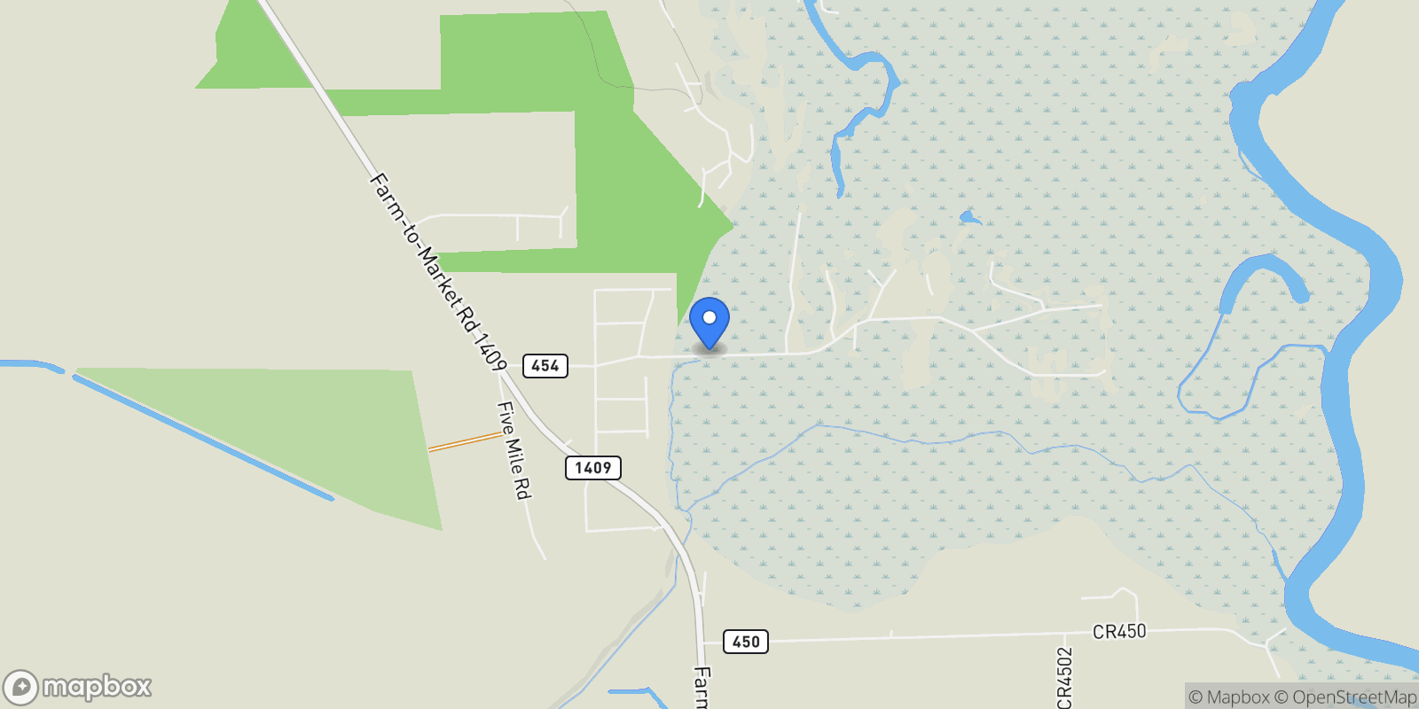 Map showing 1 County Road 454, Dayton, TX 77535, Dayton, Texas, United States.