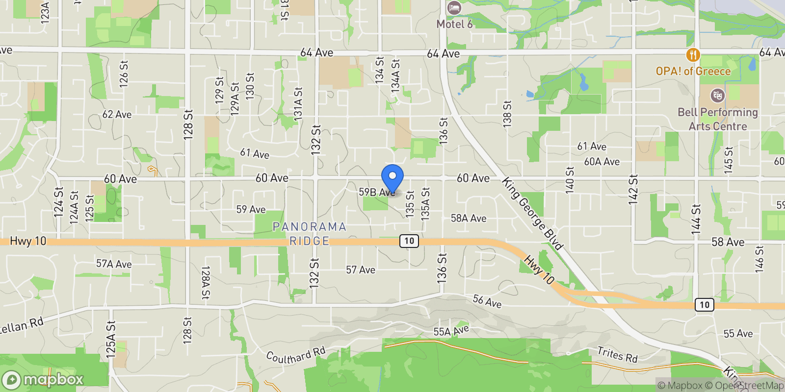 Map showing 13454 59B AVENUE, Surrey, British Columbia, Canada.