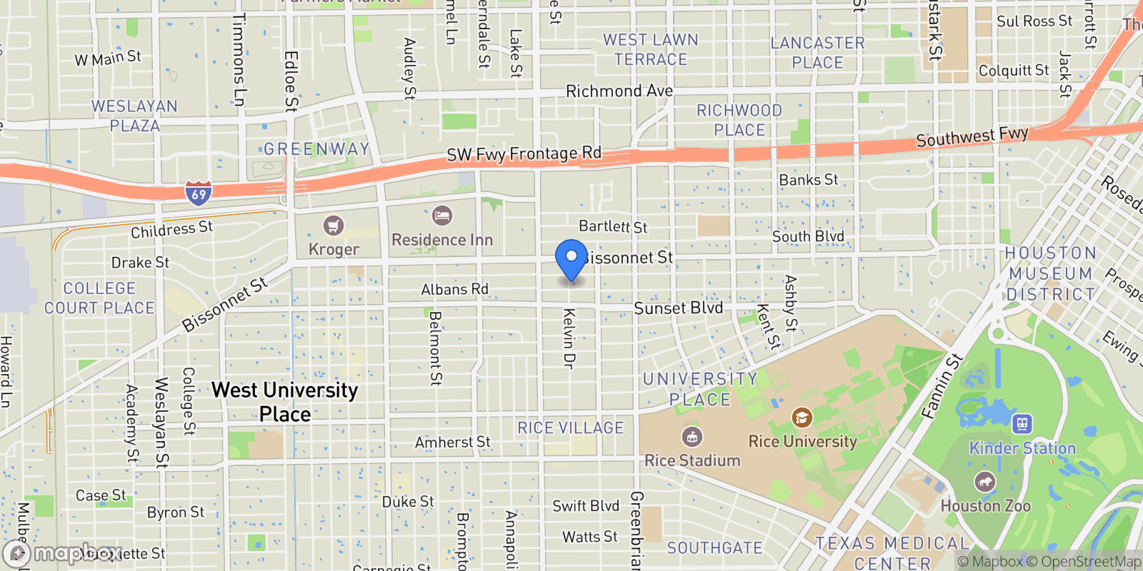 Map showing 2438 Albans Road, Houston, TX 77005, Houston, Texas, United States.