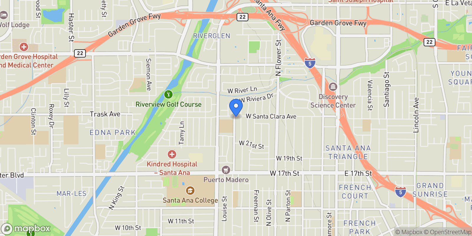 Map showing 1150 W Santa Clara Avenue, Santa Ana, California, United States.