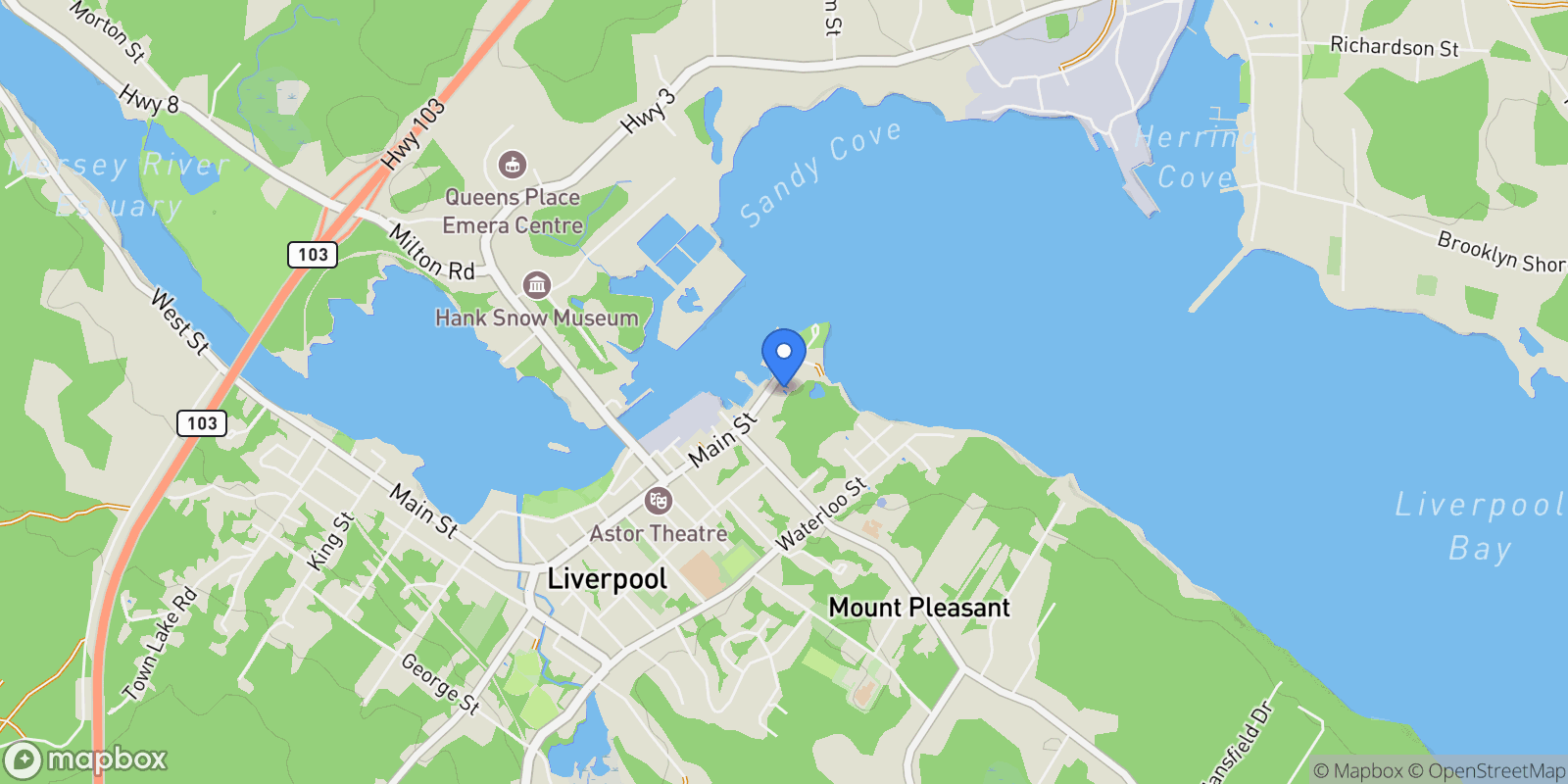 Map showing 31 Main Street, Liverpool, Nova Scotia, Canada.