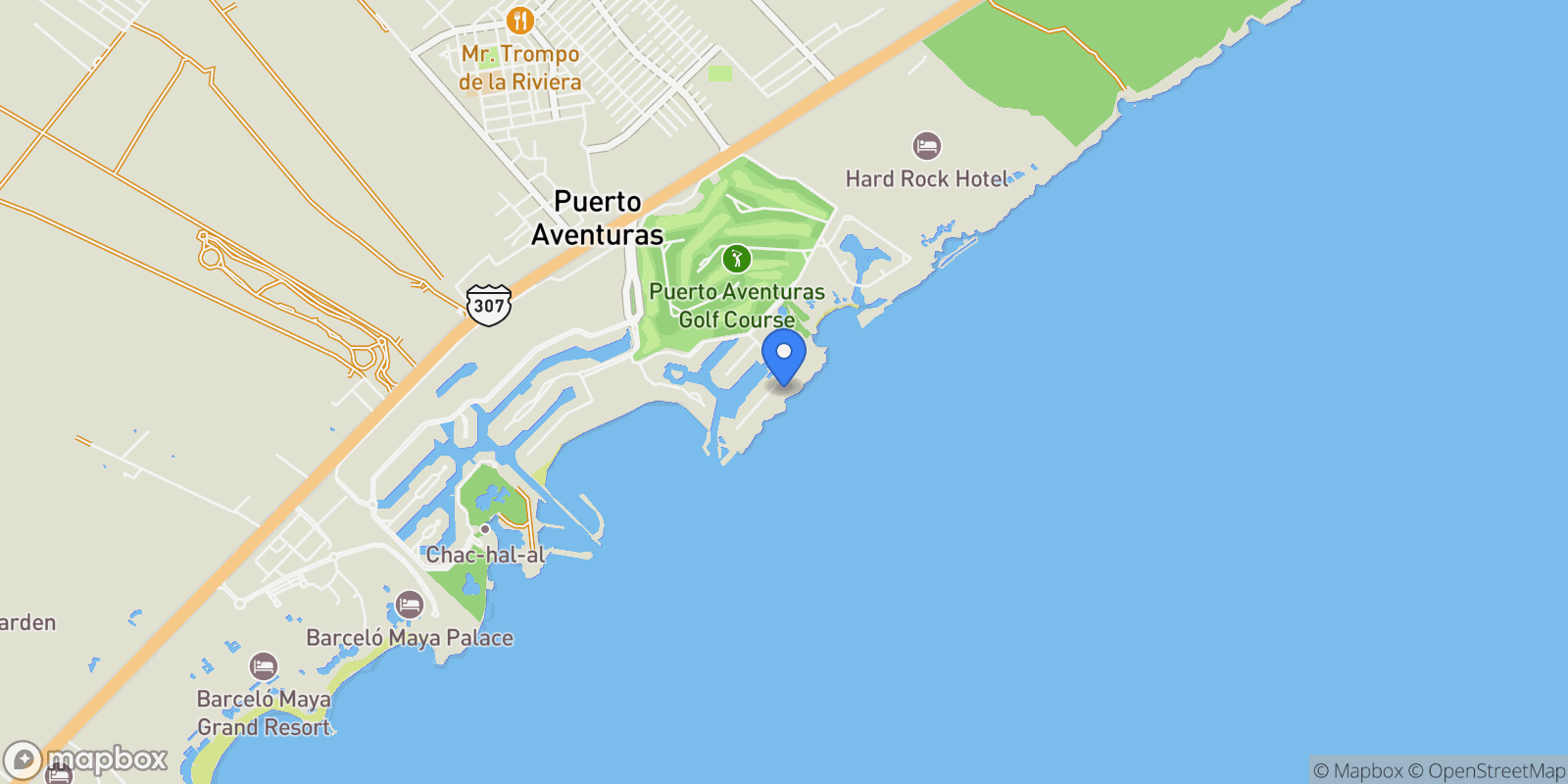 Map showing caleta xelha, Puerto Aventuras, Quintana Roo, Mexico.