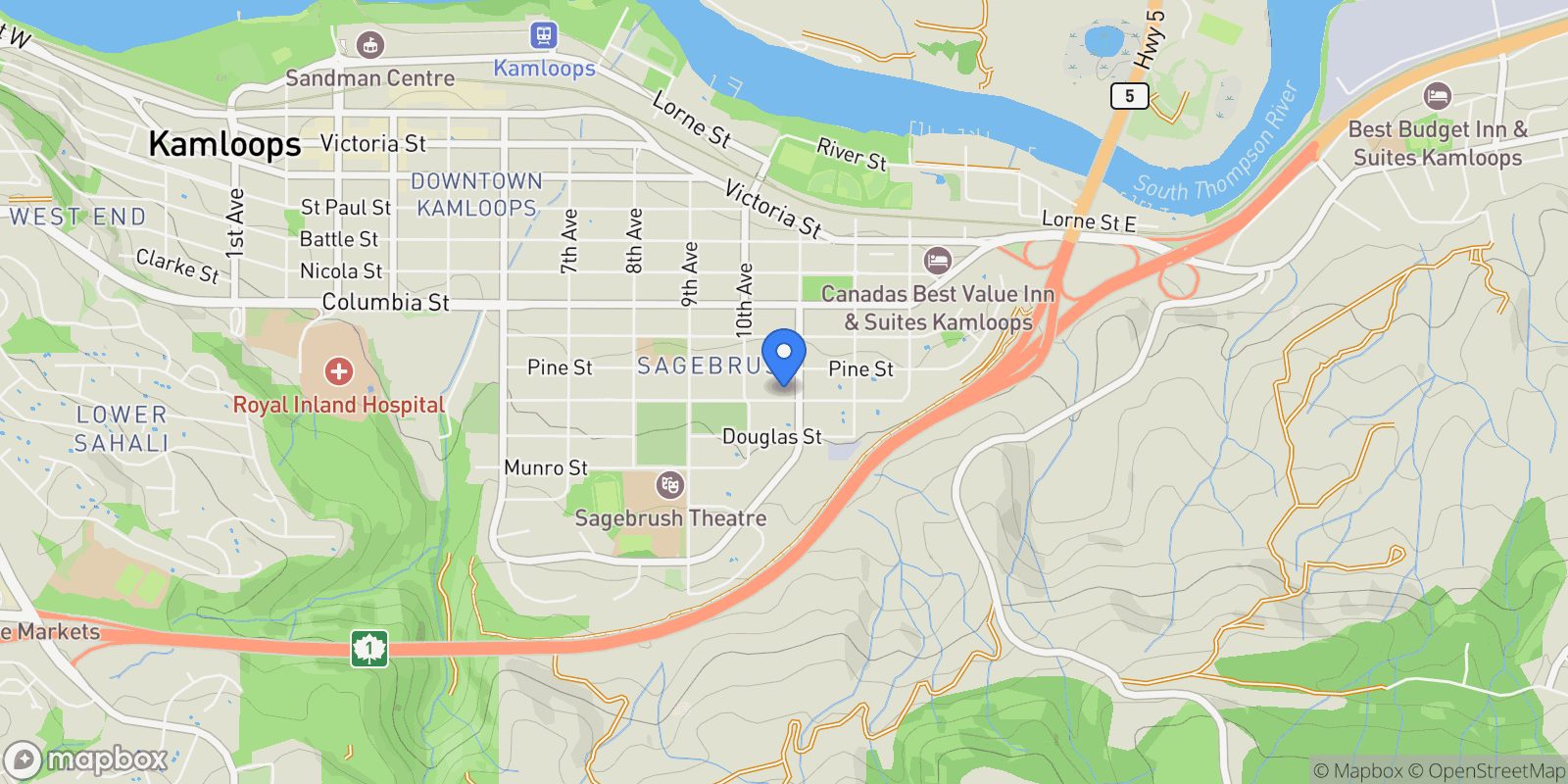 Map showing 1060 Pleasant Street, Kamloops, British Columbia, Canada.