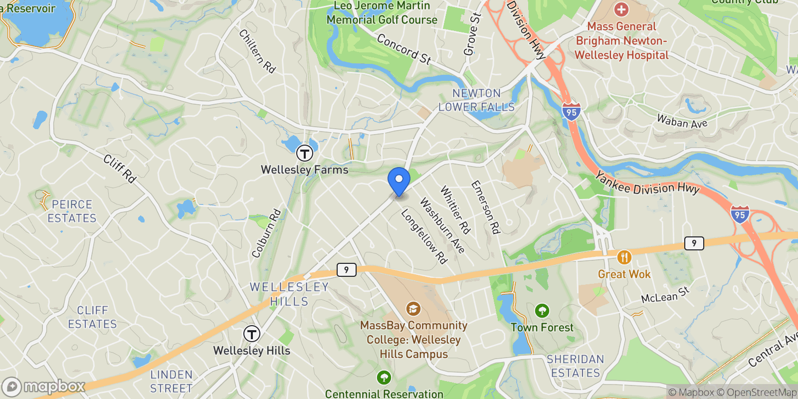 Map showing 2 Longfellow Rd, Wellesley, Massachusetts, United States.