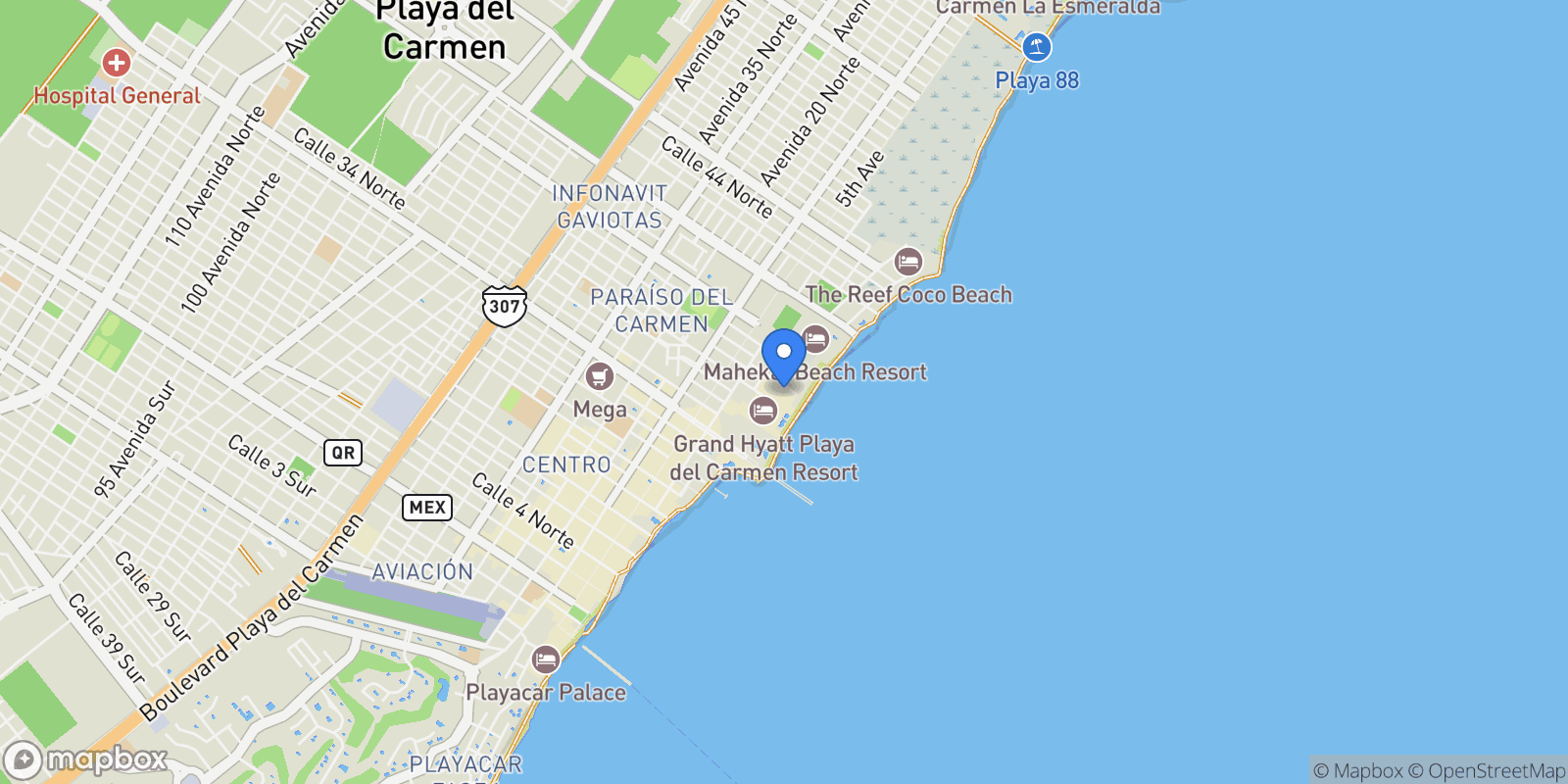 Map showing Beachfront Penthouse, Playa del Carmen, Quintana Roo, Mexico.