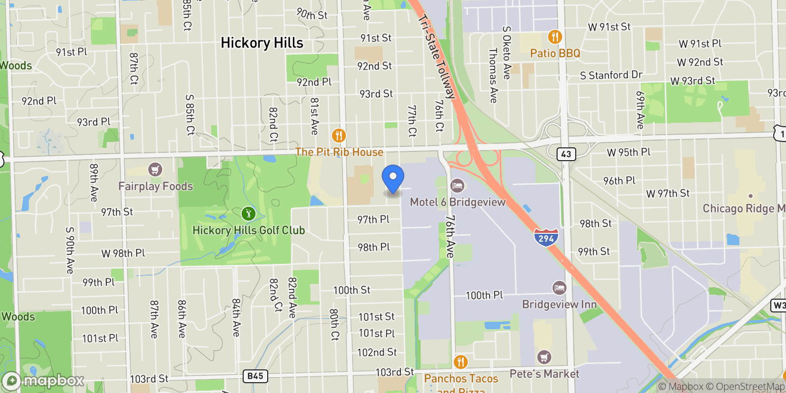 Map showing 9645 S 78th Court, Hickory Hills, Illinois, United States.