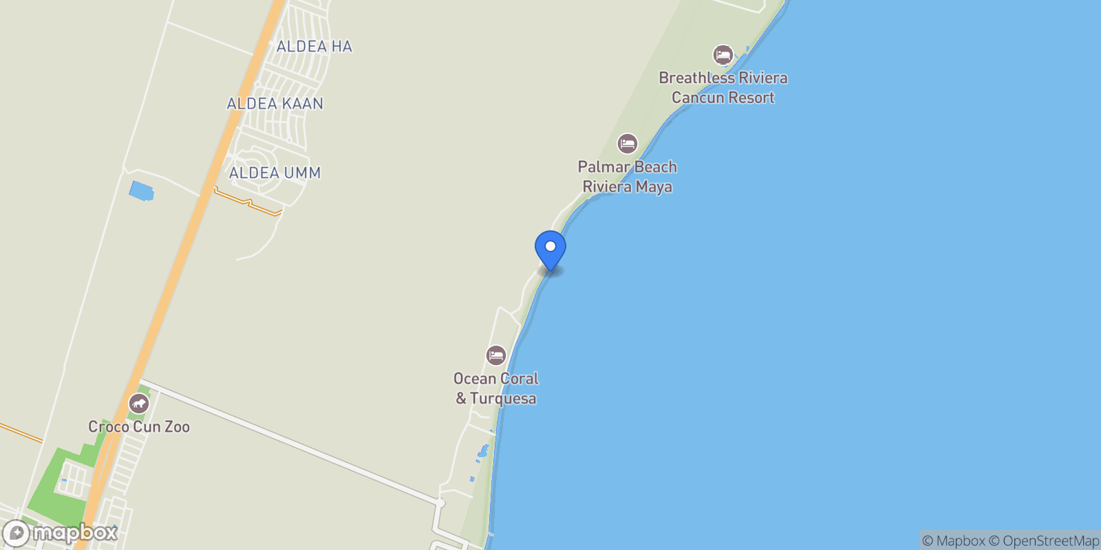 Map showing Puerto morelos beachfront, Puerto Morelos, Quintana Roo, Mexico.