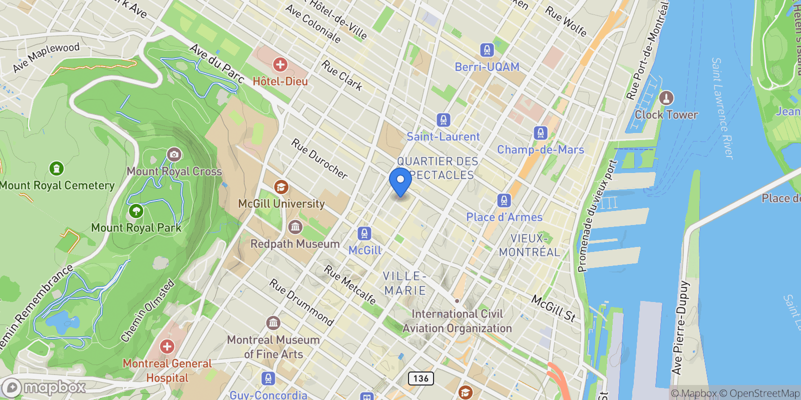 Map showing 1449 Rue St-Alexandre 1107, Montréal, Quebec, Canada.