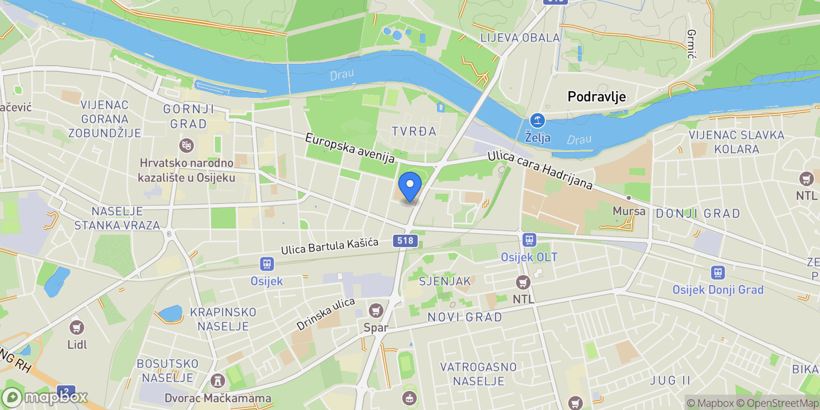 Map showing Gornji grad / Centar, Osijek-Baranja, Gradska cetvrt Tvrda, Osijek, Osijek-Baranja County.