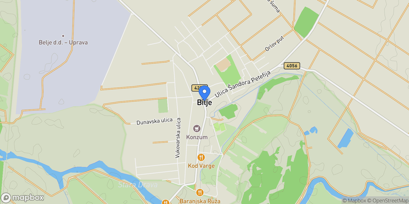 Map showing Bilje, Osijek-Baranja, Bilje, Osijek-Baranja County, Croatia.
