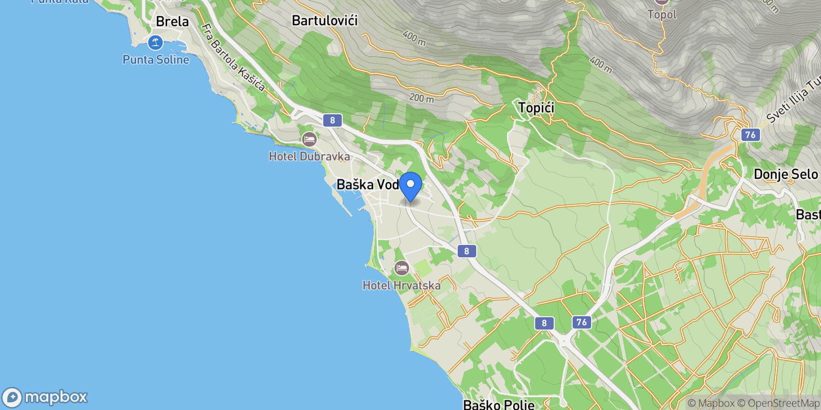 Map showing Baška Voda, Split-Dalmatia, Baska Voda, Split-Dalmatia County, Croatia.