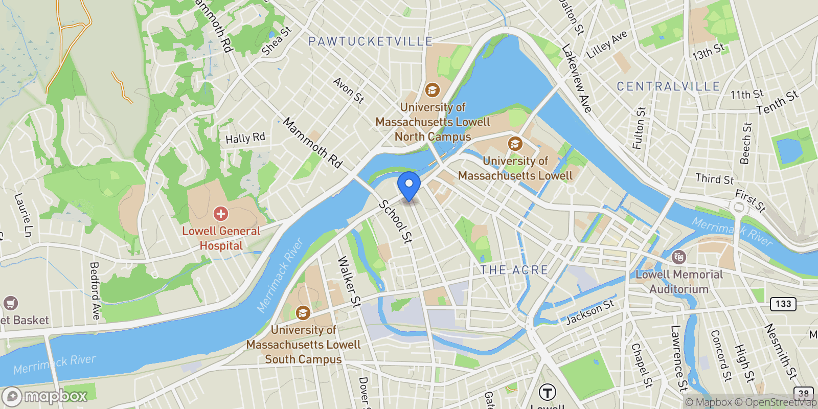 Map showing 21 Vernon Street , Lowell, MA 01850, Lowell, Massachusetts, United States.