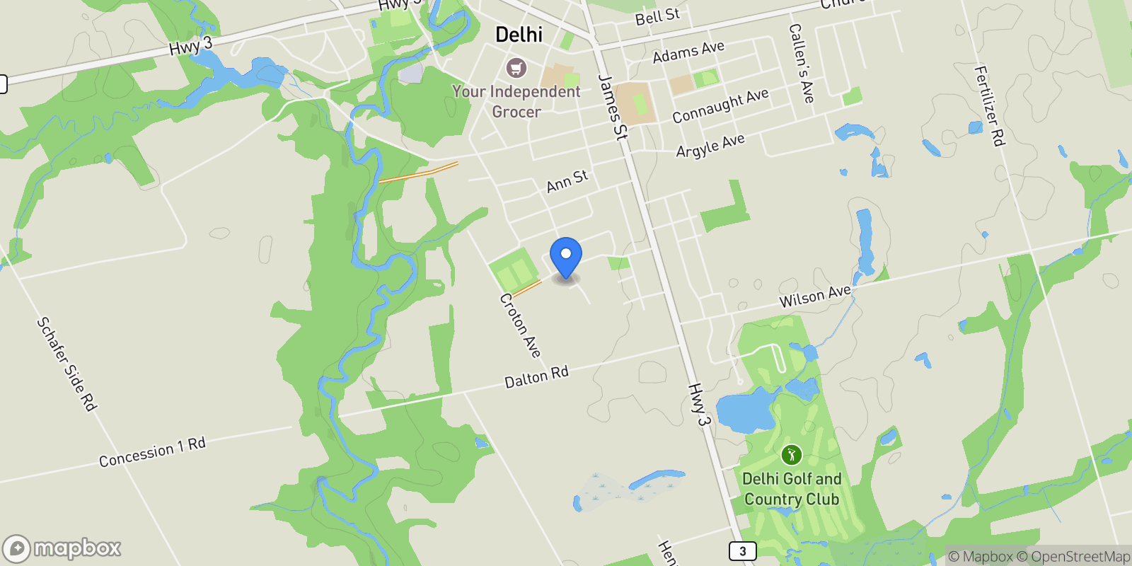 Map showing 7 Fairfield Court, Delhi, ON N4B 0A1, Delhi, Ontario, Canada.