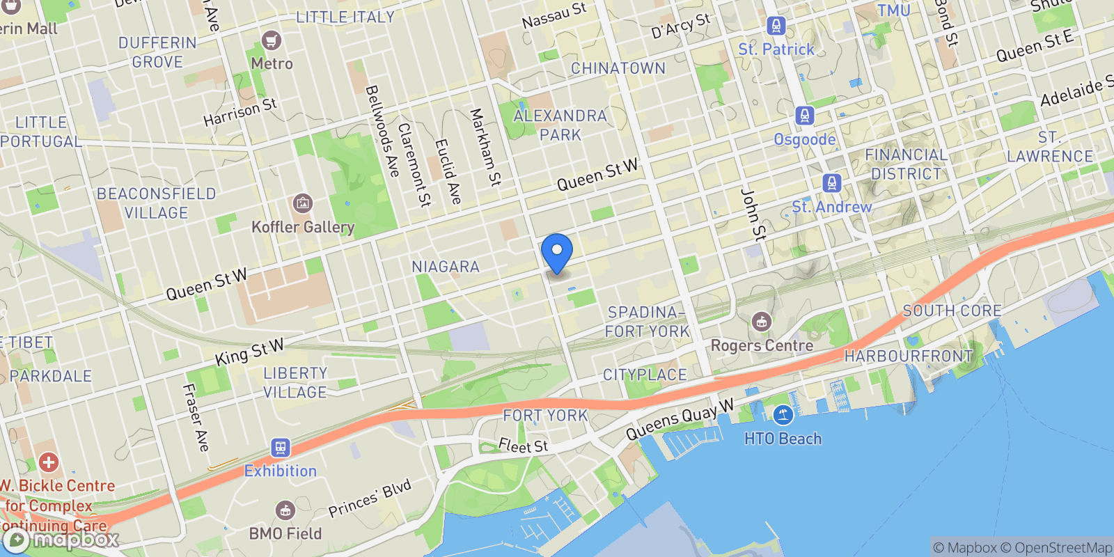 Map showing 54 Stewart Street, Toronto, ON M5V 1H6, Toronto, Ontario, Canada.
